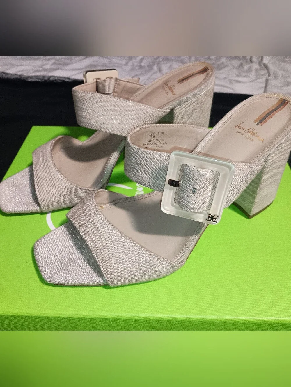 Sam Edelman DALTON in Sand/Metallic Linen Sandal w/Block Heel & Buckle Size 10M